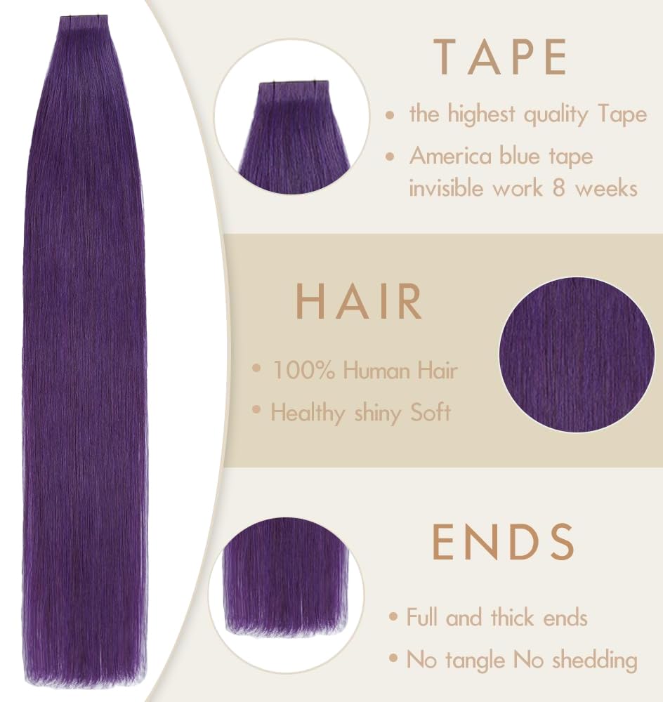 HotLulana Extension Adesive Capelli Veri Purple Tape in Extension Natua Nero Remy Estension Adesive Capelli Naturali al 100% 10pcs 25g Extension Capelli Veri Biadesivo 20Pollici (50cm)