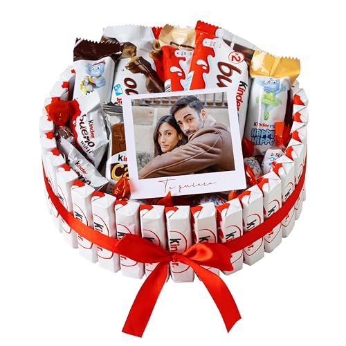 Onza Cesta San Valentín de Chocolates y Bombones Kinder - Regalo san valentin mujer y hombre - Regalo personalizado con foto - Tarta Kinder Bueno Pack, Happy Hippo, Chocobons, Cards