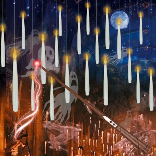 Image of Floating Candles with Wand, 20 PCs Magic Hanging Candles, Flickering Warm Light Flameless Floating LED Candle with Wand Remote, Battery Operated Taper Candle Set for Birthday Theme Party Best Gift