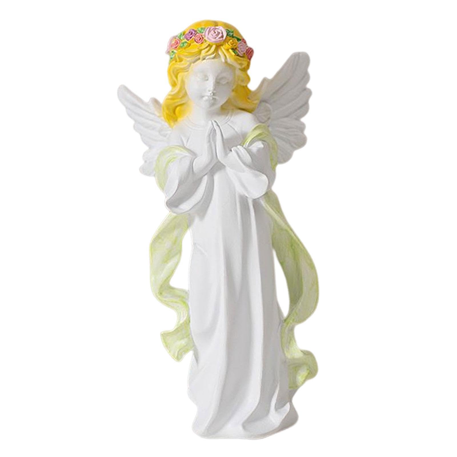 TWISAXC Charming Resin Angel Statues Figurines Exquisite Cherub Figurines Crafts Fairy Prayer Wing Angels Shelf Cabinet Ornament, Green, 14.5x11.3x30cm