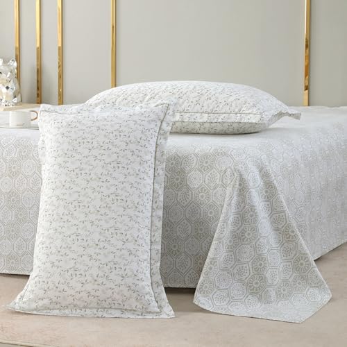 Image of Story@Home Luxe 400 TC Sateen Weave 100% Cotton Bedsheet King 108 x 108 Inches Abstract Printed Soft Flat Sheet with 2 Pillow Covers 18 x 27 Inch -White & Ivory-Gift Packaging