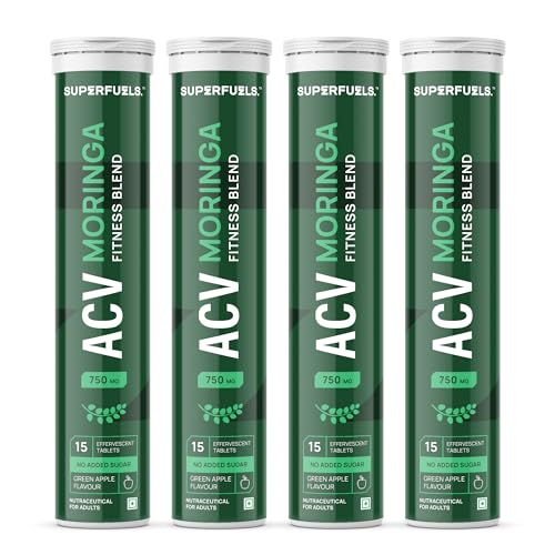 Image of SUPERFUELS ACV Moringa - Apple Cider Vinegar Effervescent Tablets | Supports Weight Loss, Fat Burn & Gut Health | Controls Cravings | Vitamin B6 & B12 | No Added Sugar | Effervescent Tablets- Green apple | Pack of 4 (60 Tablets)