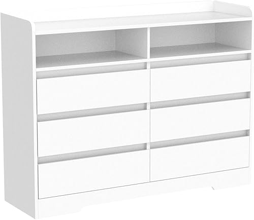 Miniatura 4 de Spaco Cómoda blanca para dormitorio, cómoda grande de 6 cajones con luz LED y 2 cubos, cómoda, cómoda de madera moderna, mueble de dormitorio,