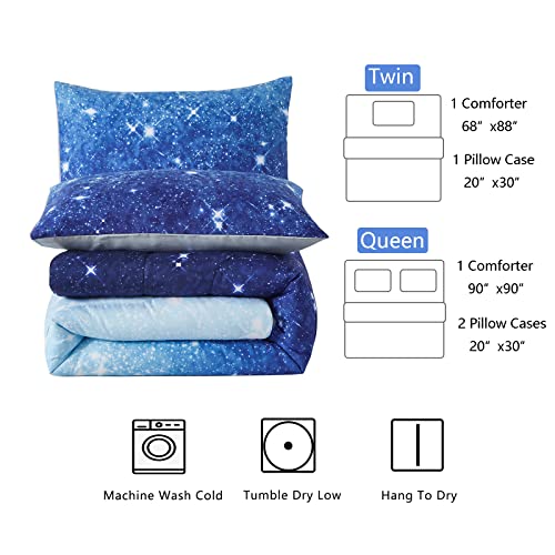 Kiddiku Blue Glitter Comforter Set Twin Size For Boys Girls, Sparkle Galaxy Twinkle Starlight Comforter For Kids Teen, 2 Piece Aqua Blue Navy Ombre Bedding Set With 1 Pillow Case(Blue,Twin) #TOP6