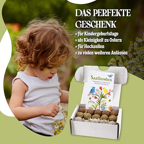 LouMaxx 15er Pack handgemachte Saatbomben, Samenbomben Geschenk, Blumensamen als Gastgeschenk, nachhaltige Samen Kinder Mitgebsel, ökologische Pflanzkugeln mit über 50 Arten Blumen & Kräutern