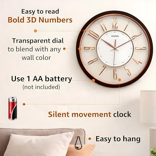 Image of Amazon Brand - Solimo 12.7 Inches Silent Wall Clock for Living Room Bedroom Office Wooden Look Plastic 3D Easy to Read Numbers Modern Stylish Sweep Movement Wall Clock for Home - 1600TS (Wood Copper)