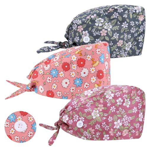 3 Pièces Calot Chirurgien Femme Chapeaux de Travail avec Boutons Noués à Dos Sweatband Chapeau Réglable Capuche Casquette Queue Cheval Calot chirurgien...