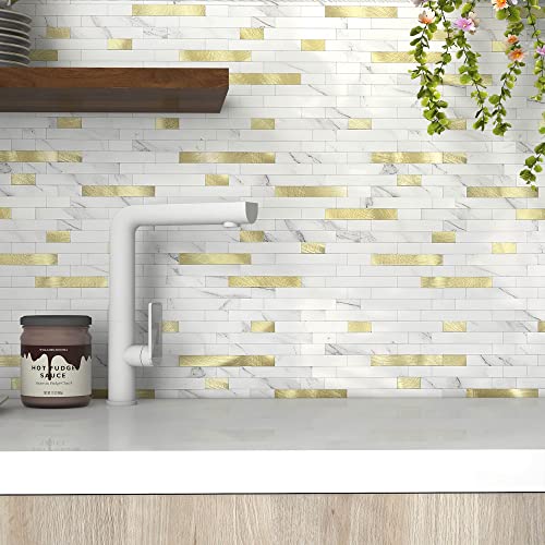 Mofit 3D Stone Brick Backsplash Tile For Kitchen Peel And Stick Self-Adhesive Wall Tile,Marble Linear Mosaic Tiles Stickers Bathroom Wall Panels Fireplace Vanity (White Gold,5Sheets) #TOP3