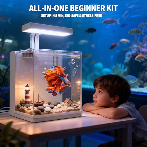 Image of AQUASMITH Betta Fish Tank, 2 Gallon All-in-One Aquarium Kit with Filtration & LED Light, Self-Cleaning Aquarium for Beginners, Kids, Gifts for Men, Teen Boys
