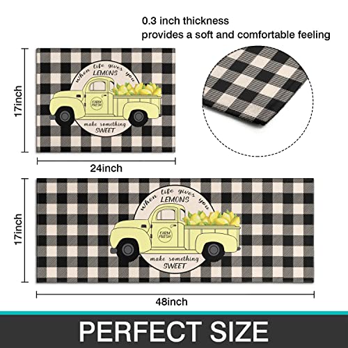 Faptoena Buffalo Plaid Lemon Kitchen Rugs And Mats Set 2 Pieces,Spring Summer Kitchen Rug Non Slip Absorbent Mats For Sink Waterproof Runner Rug For Laundry Room17 X24 + 17"X48" #TOP5
