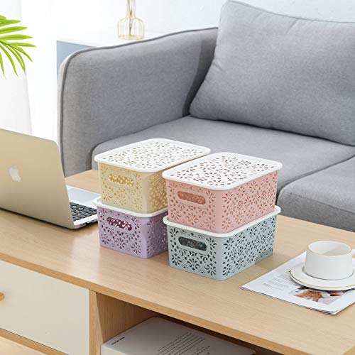 Anminy Plastic Storage Baskets Set With Handles Removable Lids Stackable Lidded Bins Boxes Home Kitchen Cubes Closet Shelf Organizer Containers Weave Hollow Design 1 Large 1 Medium 2 Small - Pink #TOP3