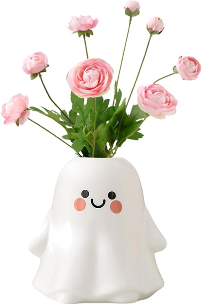 Cute Ghost Vase Ceramic Ghost Bucket Vase, H 5.9" Halloween Vases Ceramic Ghosts Decor for Home Table Desk Bedroom Halloween Decorations, Ceramic Vases for Flowers (1Set-Bright Surface)