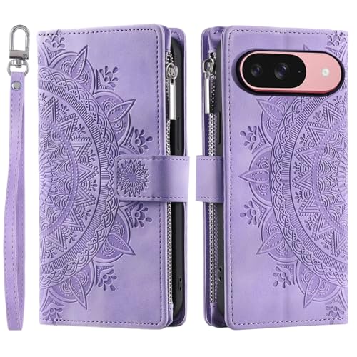 Étui en cuir Asuwish pour Pixel 9 et 9 Pro avec rabat gravé Mandala et protection d'écran
