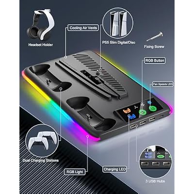 Honghao Controller Charger for PS5/PS5 Slim/Pro: PS5 Cooling Fan and Controller Charger Station, PS5/PS5 Slim Stand Accessories Vertical Charging Dock Stand for PlayStation 5 (Black)