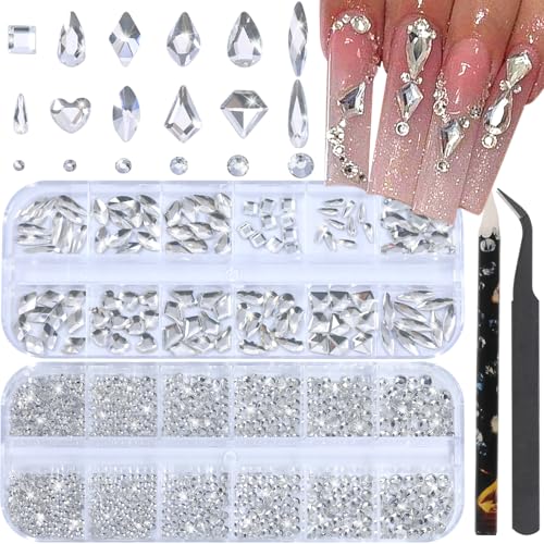 Nail Rhinestones - 3D Multi Shape Size Flat Back Manicure Rhinestones Charms Crystals White Gems with Kit for Nail Art Bedazzling Acrylic Nails DIY Decor