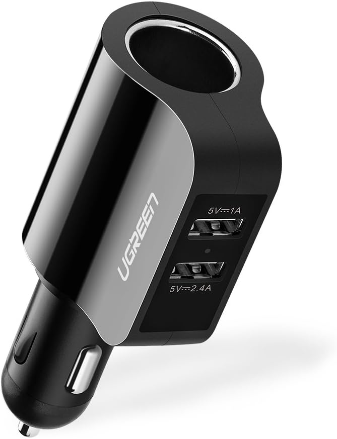 UGREEN Car Charger 60W Cigarette Lighter Socket Splitter, 5V 2.4A Dual USB with Extra Fuse Tube Compatible for iPhone SE 11 Pro Max Xs X 8 Plus, Samsung Galaxy S9 S8 S10 Plus, LG V30 V20, Sony