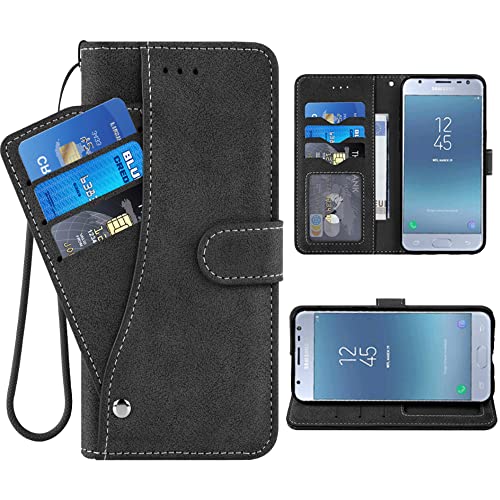 ELISORLI Compatible with Samsung Galaxy J7 Prime 2017 J 7 Skypro Sky Pro J7V V S727VL Wallet Case Wrist Strap Lanyard Flip Card Holder Cell Phone Cover for Glaxay Halo 7J Perx J7prime Women Men-Black