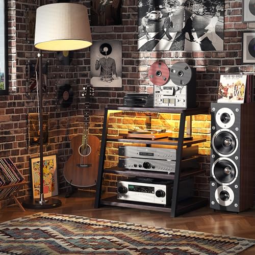 armocity 4-Tier AV Media Stand with Power Strips, Corner TV Stand with LED Lights, Rack Audio Tower with Adjustable Shelves, Corner Entertainment Center, 30'', Black Ebony - Image 3