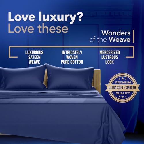 Image of TEXAS LINEN CO. 100% Egyptian Cotton Split King Sheet Sets - Luxury 1000 Series Lonestar Lovin' Collection Split King Sheet Set (5 PC, Navy Blue), Cooling, 16 inch Deep Pocket Sateen Hotel Bed Sheets
