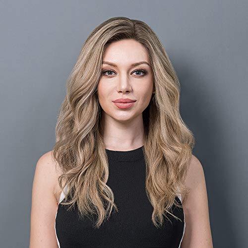 Uniwigs Lara Remy Human Hair Lace Wig, 16 Inches Length Natural Wave Style, Warm Honey Blonde Blended With Brown Roots #TOP23