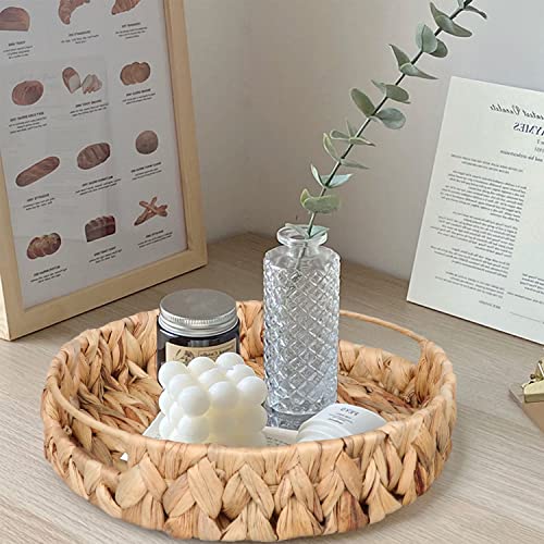 Yimerlen 1 Pack Large Woven Round Fruit Tray, 11X11X2.3 Inch Water Hyacinth Woven For Vegetable, Bread, Fruit, Arts And Crafts 100% Handmade Baskets（Comes With Cork Coaster） Light Brown #TOP4