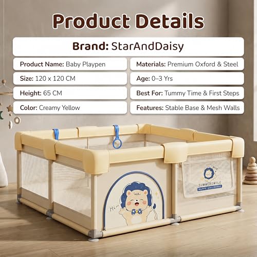Image of StarAndDaisy Play Pen for Baby for 0-5 Years 120 x 120 cm Baby Play Area Indoor Setup with Safety Lock & Anti-Fall Grasp System | Breathable Play Pen for Kids Indoor - Yellow