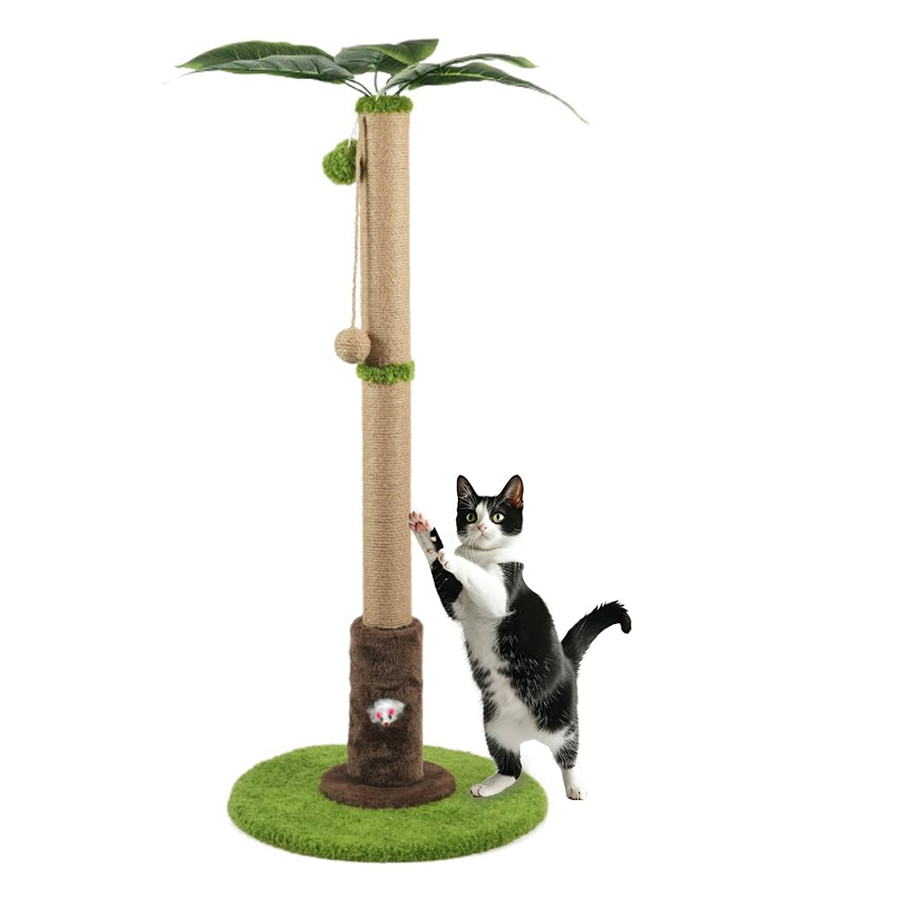 Cat Scratching Post,90cm Cat Scratch Post with Two Interactive Dangling Balls and Spring Ball Toys,Tree Scratching Posts for Indoor Cats with Rat Hole and Toy,Suitable for Kitten & Adult Cats