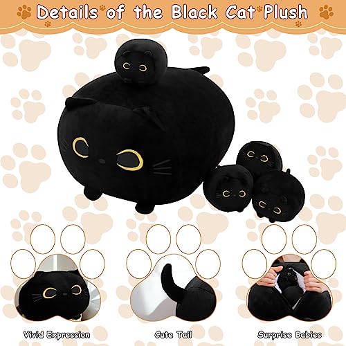 Image of TOYSYM Black Cat Stuffed Animal Mommy Cat Plush Toys with 4 Squishy Baby in Her Tummy Soft Cute Hugging Pillows for Boys and Girls