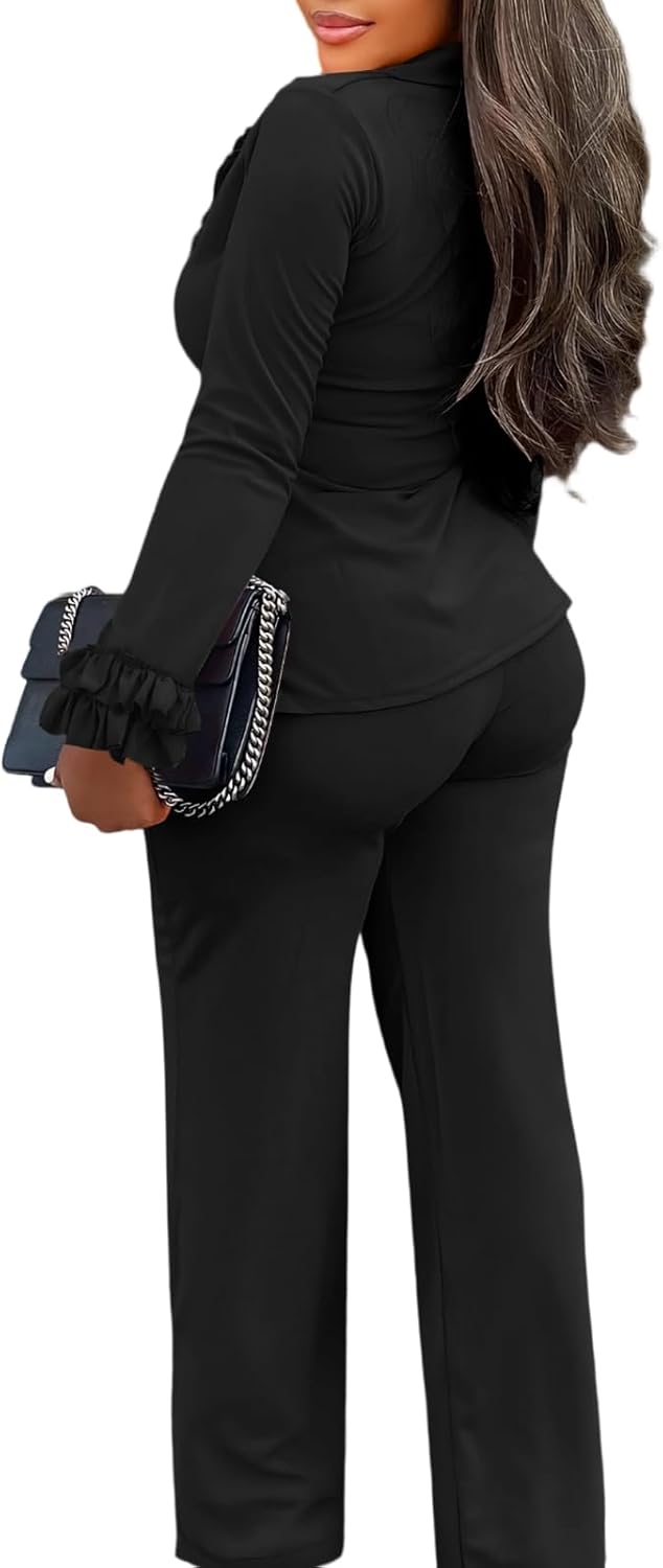 MorwenVeo Women's 2 Piece Pant Suits Ruffle Long Sleeve 2 Piece Blazer Set Sexy Elegant Business Pencil Pant Set - Image 2