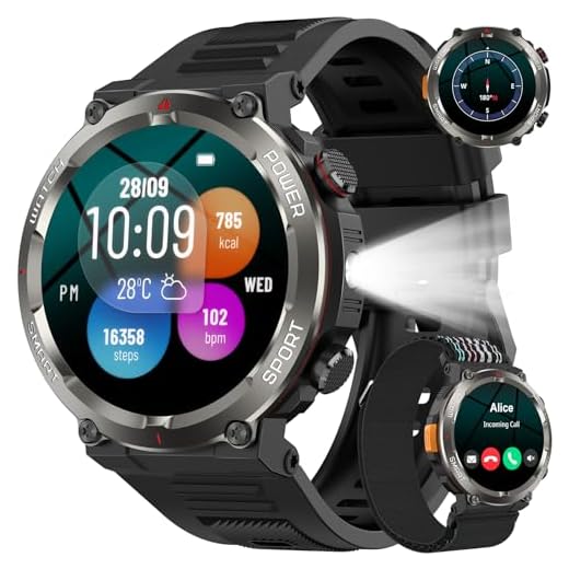Montre Connectée Homme, Militaire Smartwatch Appels Bluetooth, Torche LED, Batterie 960mAh, 1.45'' HD, Fréquence Cardiaque, Sommeil, SpO2,120+ Modes Sportifs, Étanche IP68, 2 Sangles, Android iOS
