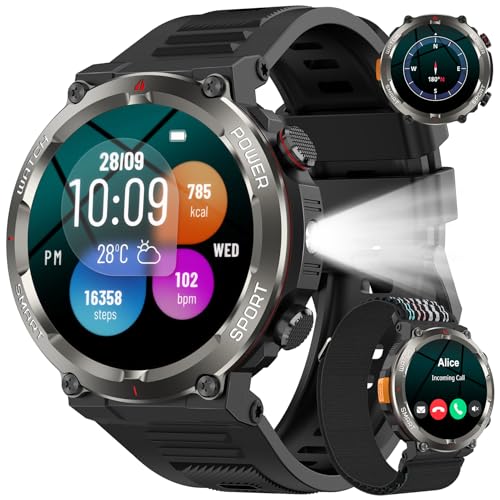 Baolubao Reloj Inteligente Hombre, 1.45' Smartwatch Hombre con Linterna y Brújula, Smartwatch con Llamadas Bluetooth, 120+ Modos Deportivos, 2 Correas, Podómetro, Pulsera Actividad Impermeable IP68