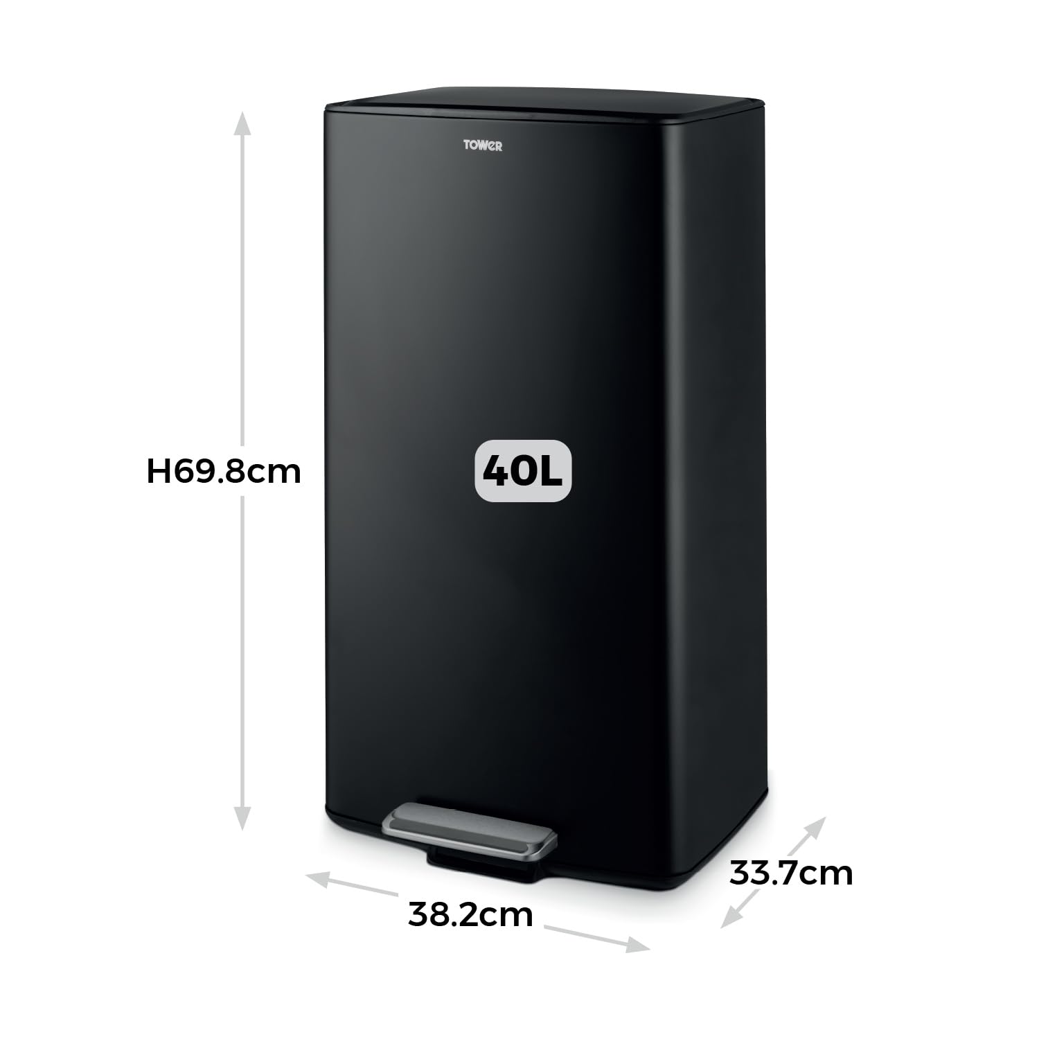 Tower T838020BLK Prostokątny kosz na pedały 40 l ze zdejmowanym wewnętrznym wiadrem i komorą na filtr, trwała stal węglowa, czarny