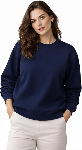 COTTOZ Women’s Crew Neck Sweatshirt Long Sleeve Pullover Plain Solid Colour Casual Wear Top