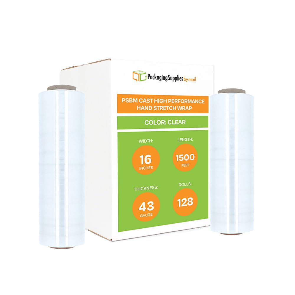 PSBM Stretch Wrap, 128 Pack, 16 Inch x 1500 Feet, Clear, Down Gauge Large Plastic Cling Film for Pallets Moving Storing