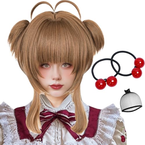 Image of Half and Half Brown Ponytail Anime Wig with Bangs Short Light Brown Lolita Twin Tails Pigtails Wig for Women Halloween Costumes Party
