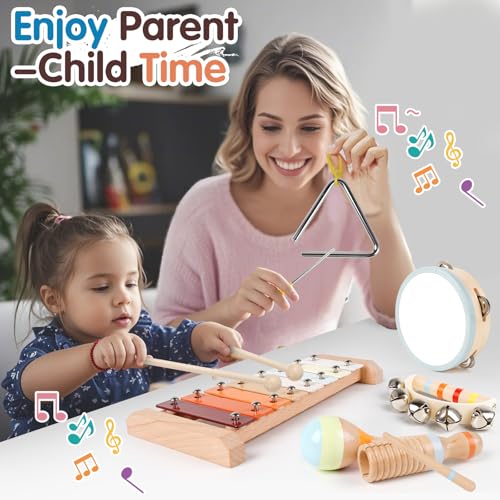 Kids Musical Instruments,Montessori Wooden Educational Toys, k Baby Musical Instruments Neutral Color Set with Xylophone Maracas Bell Birthday Gift for Ages 1 2 3