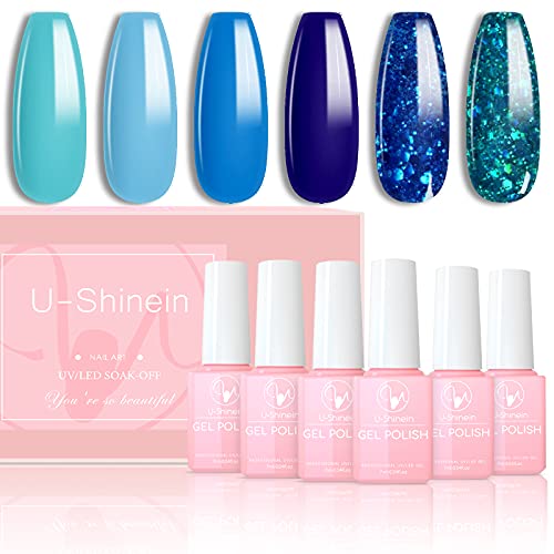 U-Shinein 6 Colors Glitter Nail Polish Gel Kit, Blue Nail Gel Polish Set Spring Summer Gel Polish Nail Art Manicure Soak-off DIY Salon Summer Ocean Collection Long Lasting Nail Art Gel