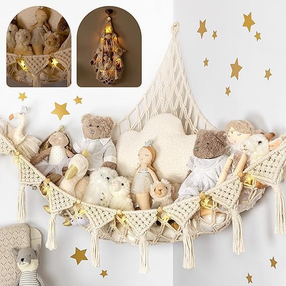 Boho-Chic Macrame Toy Hammock – Decorative Nursery Storage with Warm Fairy Lights & Plush Companions