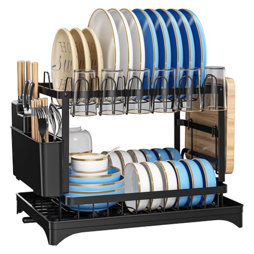 Stoigeld 2-Tier Dish Drying Rack with Utensil Holder,Stainless Steel Dish Rack with Drainboard for Kitchen Counter,Kitchen Organizers and Storage Rack (Black)