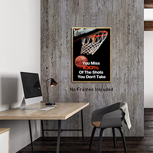 Basketball Poster Inspirational Quote Wall Art, "You Miss 100% Of The Shots You Don't Take", Motivational Sports Quote Canvas Poster Wall Art For Teen Boys Room Gym Office Decor, 16"X24"-No Frame #TOP2