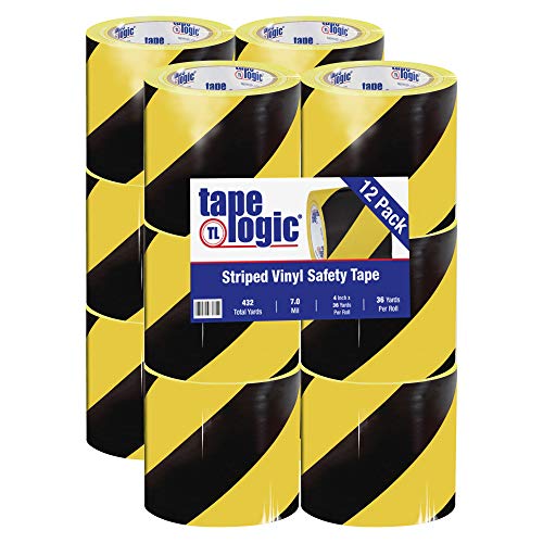 Aviditi Tape Logic Multipurpose Striped Vinyl Safety Tape, (Bulk Pack of 12) 4 Inch x 36 Yards, Black/Yellow, Heavy-Duty 7 Mil Thick - Moisture/Grease Resistant, Floor Marking and Social Distancing