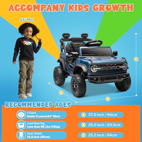 ENYOPRO Licensed Ford Bronco Raptor Electric Ride On Jeep for Kids, 12V Remote Control Ride On Car for Toddlers, Electric Vehicle w/Shock Absorbers, Soft Start, Bluetooth, LED Lights, 2 Speed (Blue) - Thumbnail 2