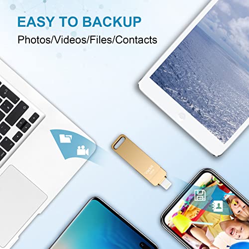 Image of MFi Certified Photo Stick, 3 in 1 iPhone Flash Drive, Photo Stick for iPhone 256GB, Memory Stick for iPhone Photo Storage Thumb Drive External Storage Compatible for iPhone /PC /iPad /More Devices Gold