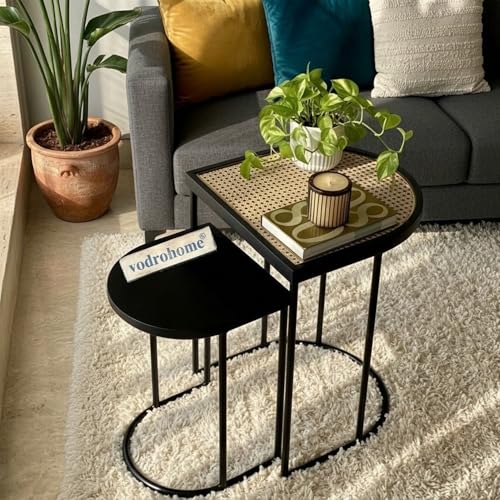 Image of Charcoal Rattan Cane Side Table with Glass top - Bohemian Solid Mango Wood Cane Iron Sofa Side end Table - Wood and Cane Nesting Table S#047 (Charcoal Black)