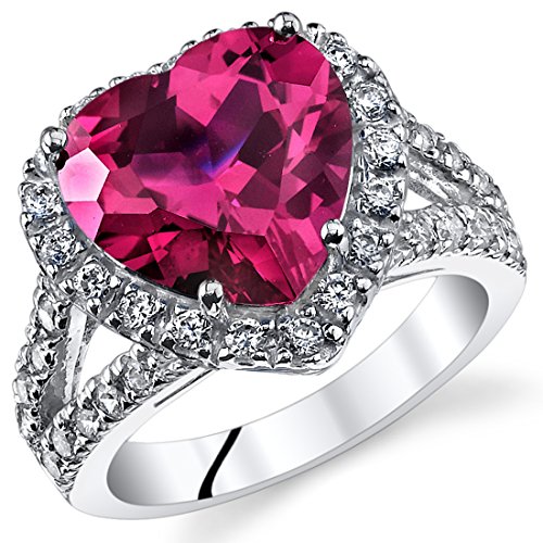 PEORA Created Ruby Signature Heart Ring for Women 925 Sterling Silver, Large 6.25 Carats Heart Shape 11mm, Sizes 5 to 9