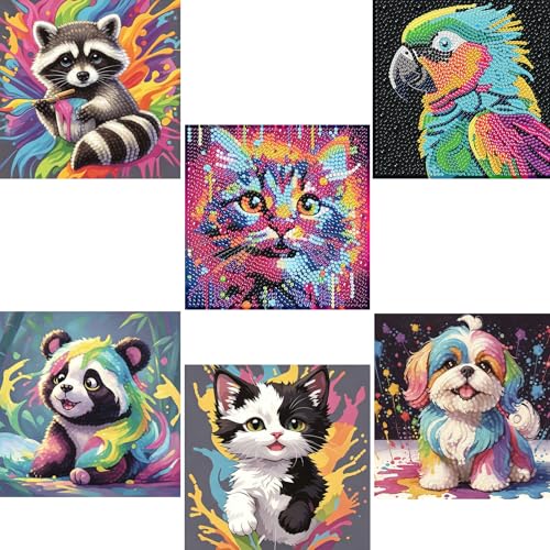 LCOZX 6x6 Inch 5D Diamond Painting Kits for Kids, 6 Pack Animal Full Drill Diamond Art, DIY Crafts for Beginners, Home Wall Decor, No Frame