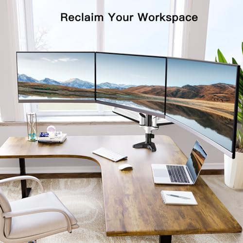 Image of HUANUO Triple Monitor Stand - Full Motion Articulating Monitor Mount Fit Three 17 to 32 inch LCD Computer Screens with Clamp, Grommet Kit