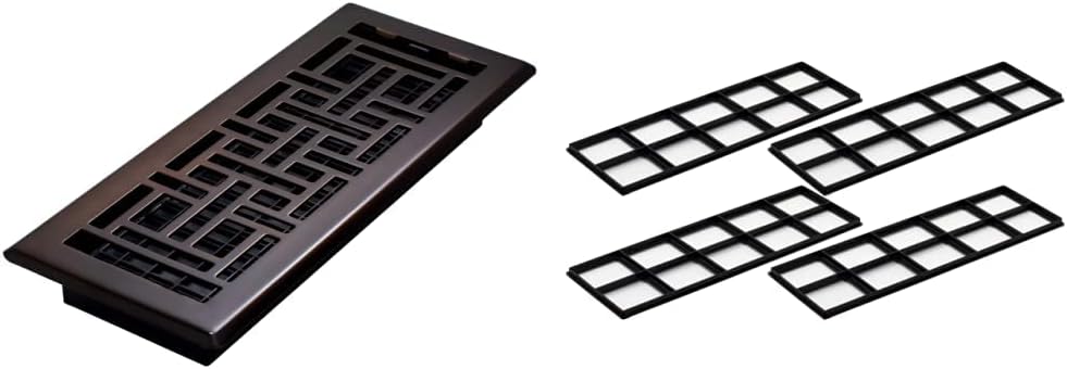 Decor Grates AJH412-RB Oriental Floor Register, 4x12 Inches, Rubbed Bronze & FRP412 Pristene Air Filter Retainer for Decor Grates Registers, 4" by 12", 4 Pack, Black