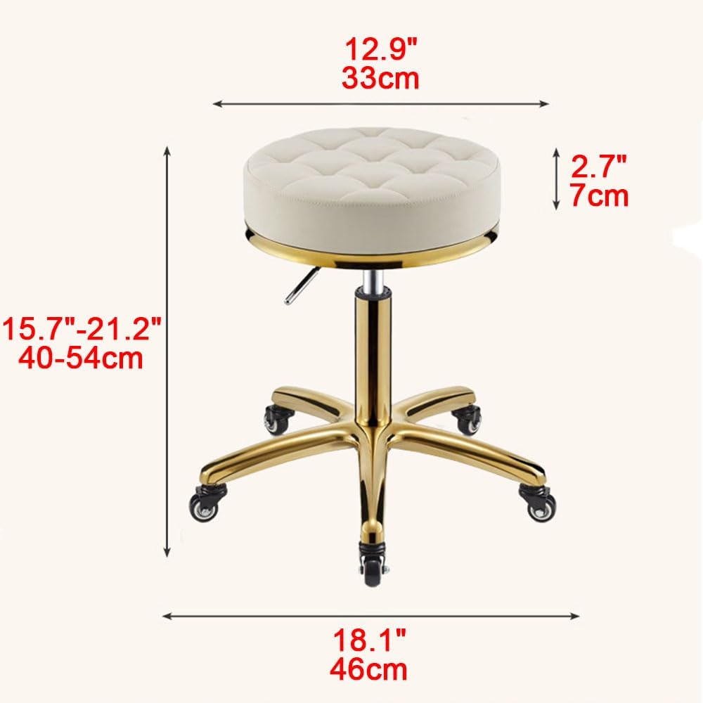 Rolling Stool Vanity Stool with Wheels, 360 ° Rolling Rotation Salon Chair, Round Leather Cushion Beauty Chair, Titanium Gold Base, Height Adjustable 47-64 cm (Dark Blue)