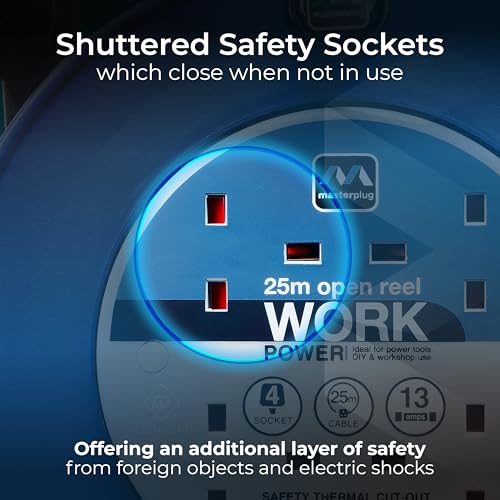 Masterplug Four Socket, 25 Metre Open Cable Reel, Medium Extension Lead Reel, Wind-Up Power Retractable Cord Reel, Heavy Duty, Thermal Cut Out, Work Power, Blue/Black, 13A, 4G, 25m, LDCC2513/4BL - Image 3